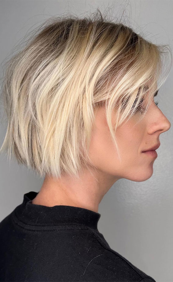 Textured Bob Light Blonde Side Bangs Textured Bob Light Blonde Side Bangs — Short Winter Haircuts