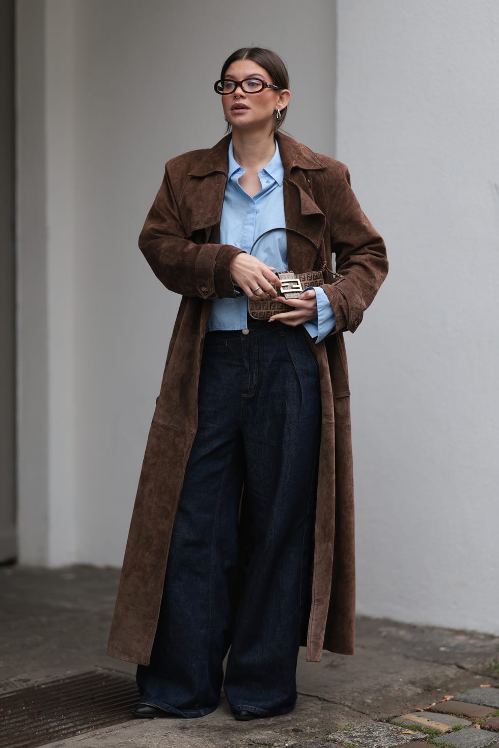 Brown Suede Trench Coat with Wide-Leg Jeans and Heels — Brown Coat Outfits