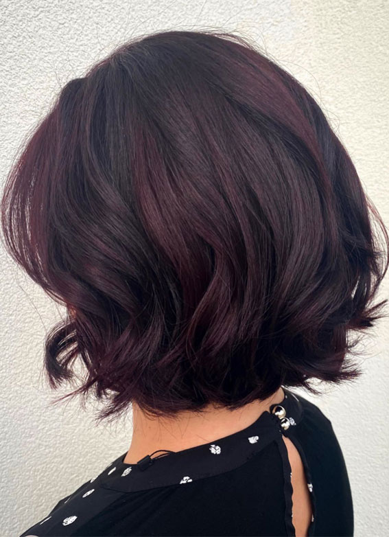 Textured Wavy Bob with Purple Undertones — Cherry Cola Hair Color