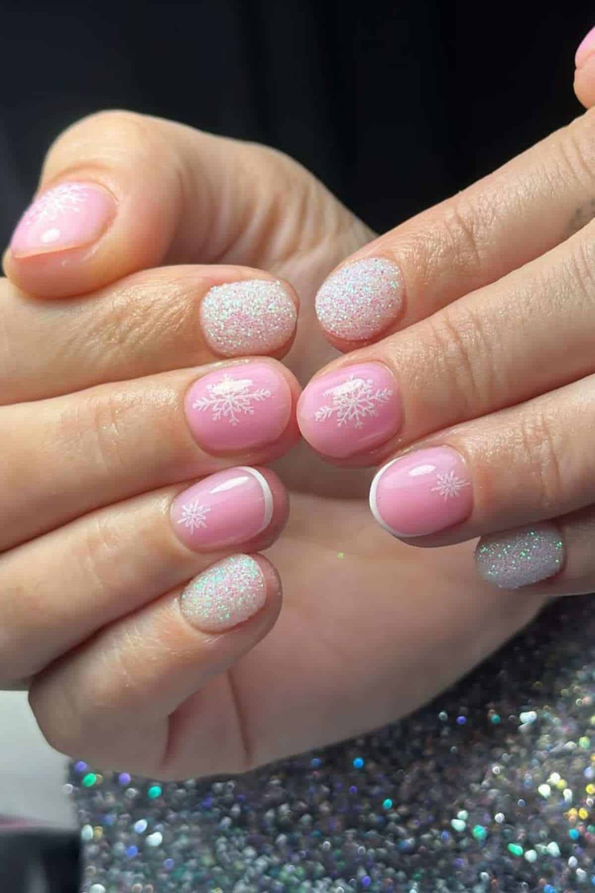 Pink Base with Snowflake Decals — Winter Round Nails