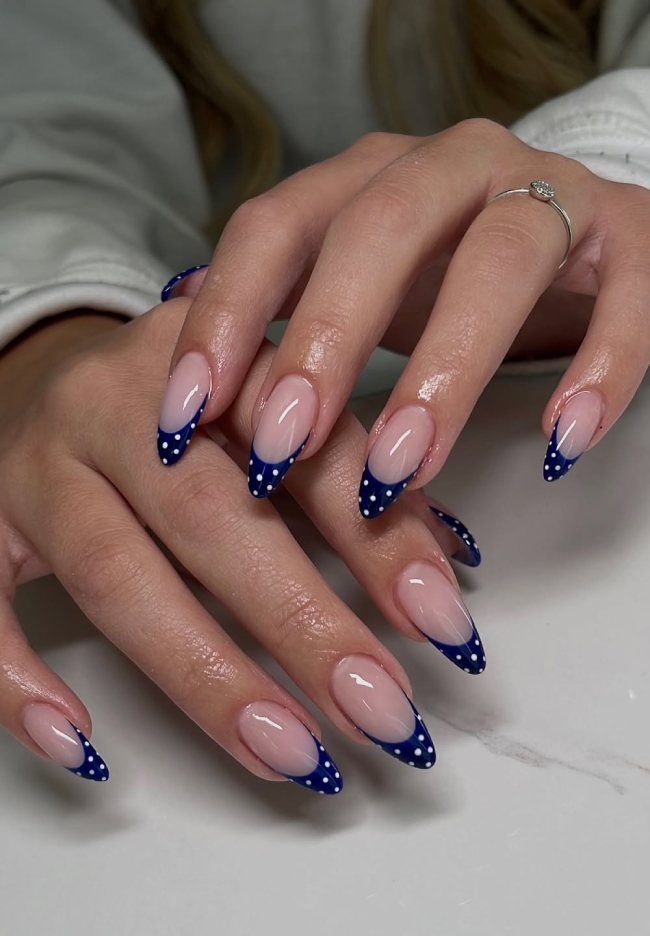 Long Almond Navy Polka Dot French — Navy Blue Nails