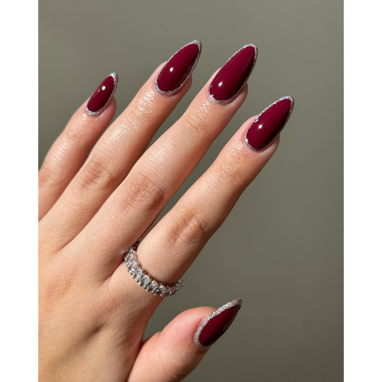 Elegant Burgundy Nails with Silver Glitter Outline