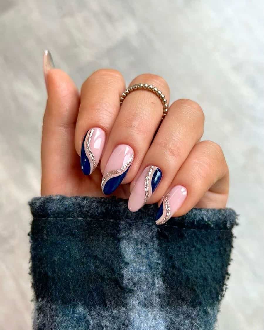 Navy Blue Pink Glitter Wavy Almond Nails Navy Blue Pink Glitter Wavy Almond Nails — Medium Length Winter Nails