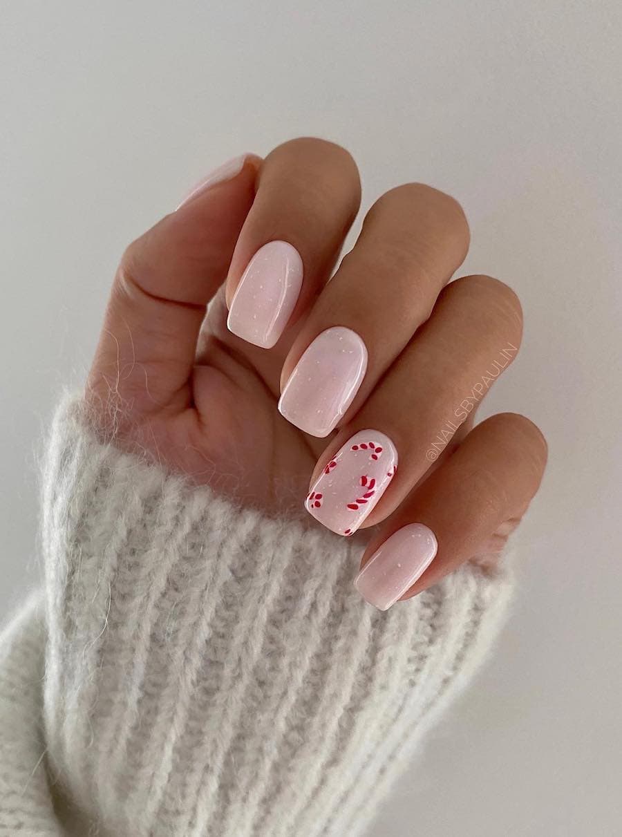 Pale Shimmery Pink with Red Dot Accents Pale Shimmery Pink with Red Dot Accents — Winter Pink Nails