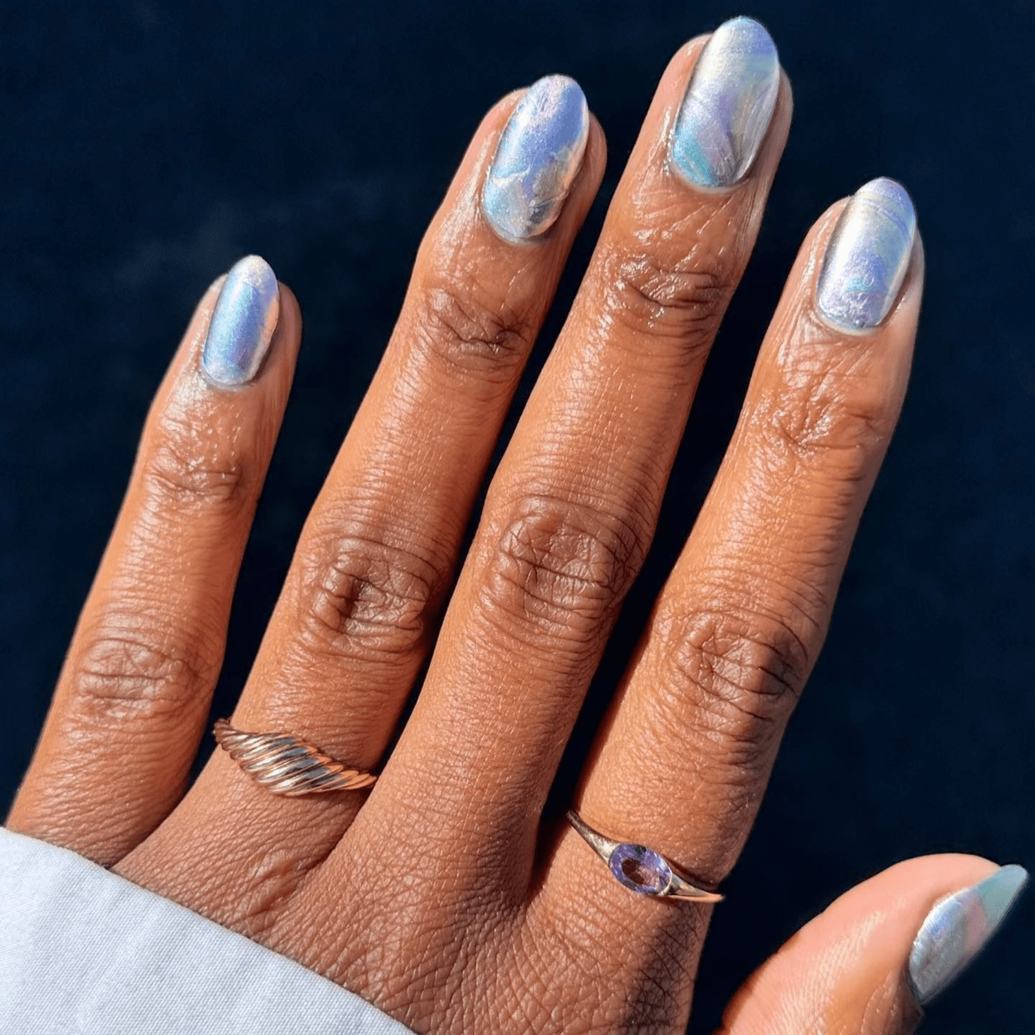 Light Blue Iridescent Chrome Oval Nails — Icy Blue Nails