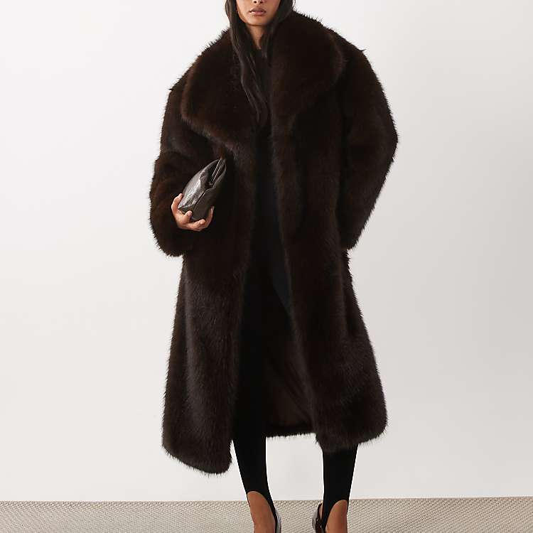 Sleek Dark Brown Faux Fur Coat for Evening — Faux Fur Coat Outfits