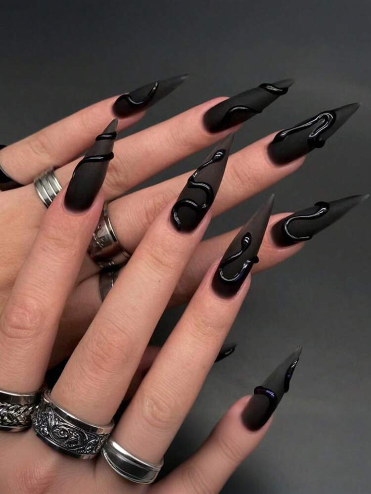 Matte Black 3D Glossy Lines Stilettos Matte Black 3D Glossy Lines Stilettos — Winter Stiletto Nails