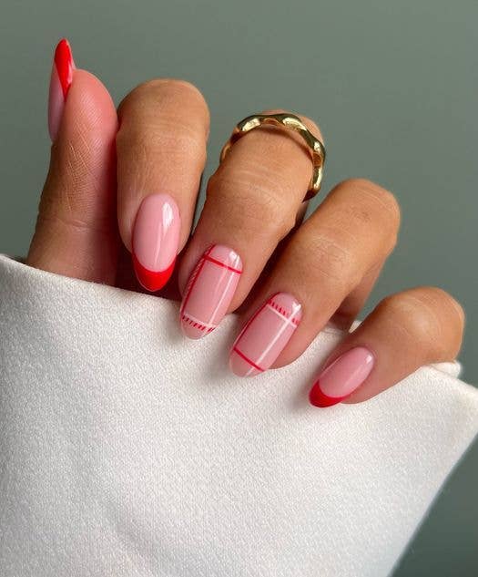 Pink Red French Plaid Almond Nails Pink Red French Plaid Almond Nails — Winter Nails