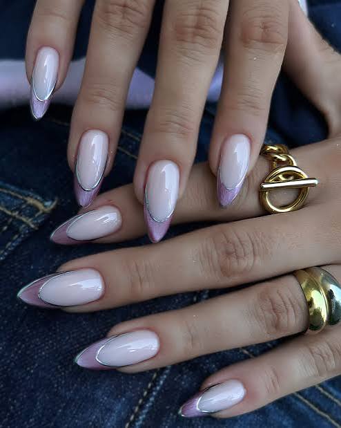 Glossy Medium Almond Muted Purple French Tips with Silver Glossy Medium Almond Muted Purple French Tips with Silver — Winter Purple Nails