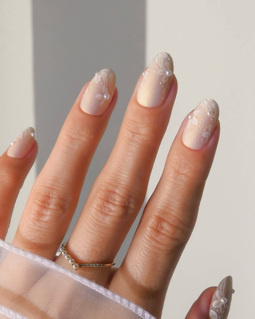 Pearlescent Nude Lace and Pearl Nails Pearlescent Nude Lace and Pearl Nails — Winter Wedding Nails