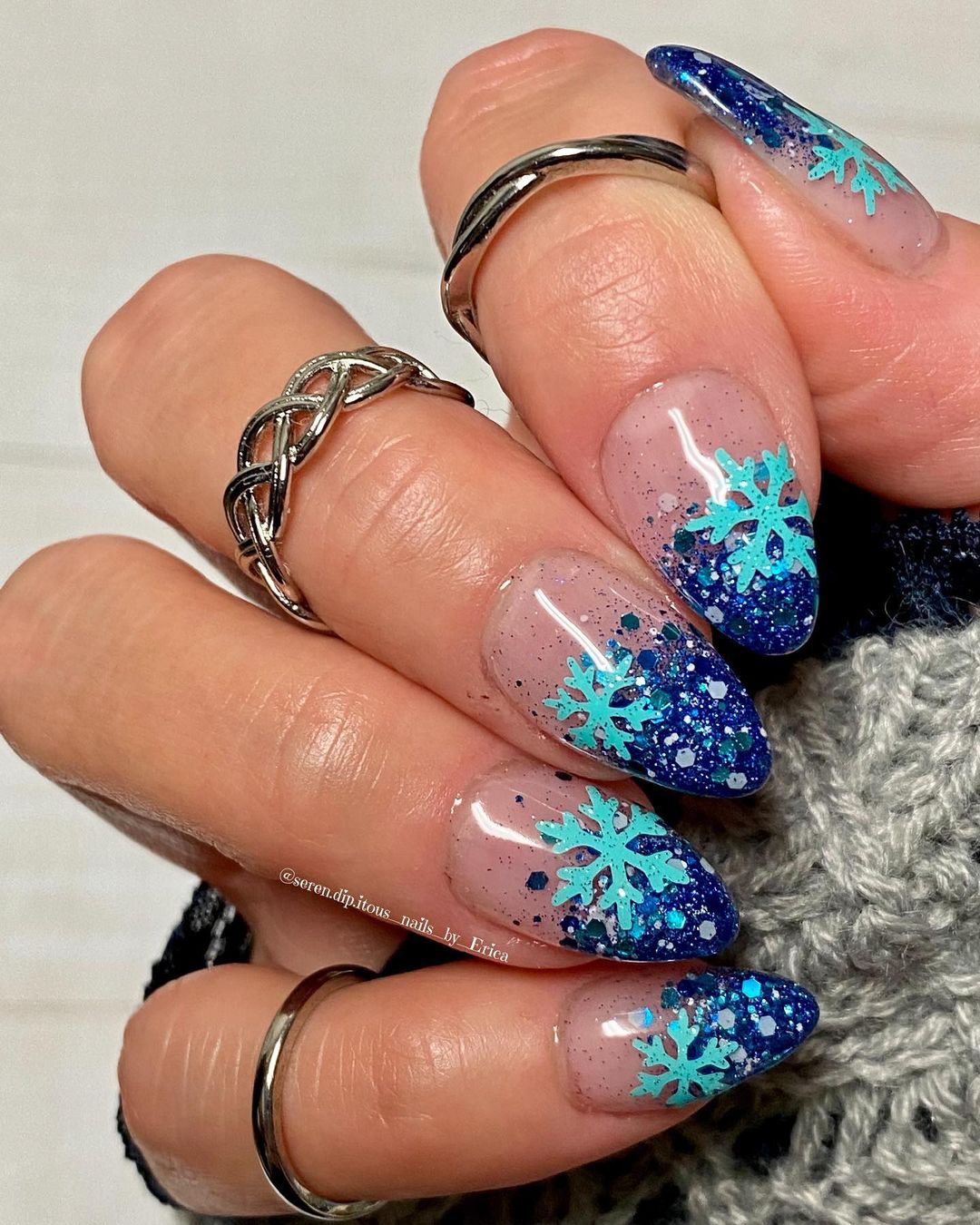 Vibrant Blue Glitter Snowflake Stilettos — Winter Wonderland Nails