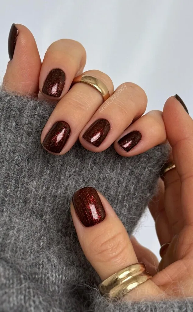 Cozy Deep Burgundy Glitter Squares — Cute Winter Nails
