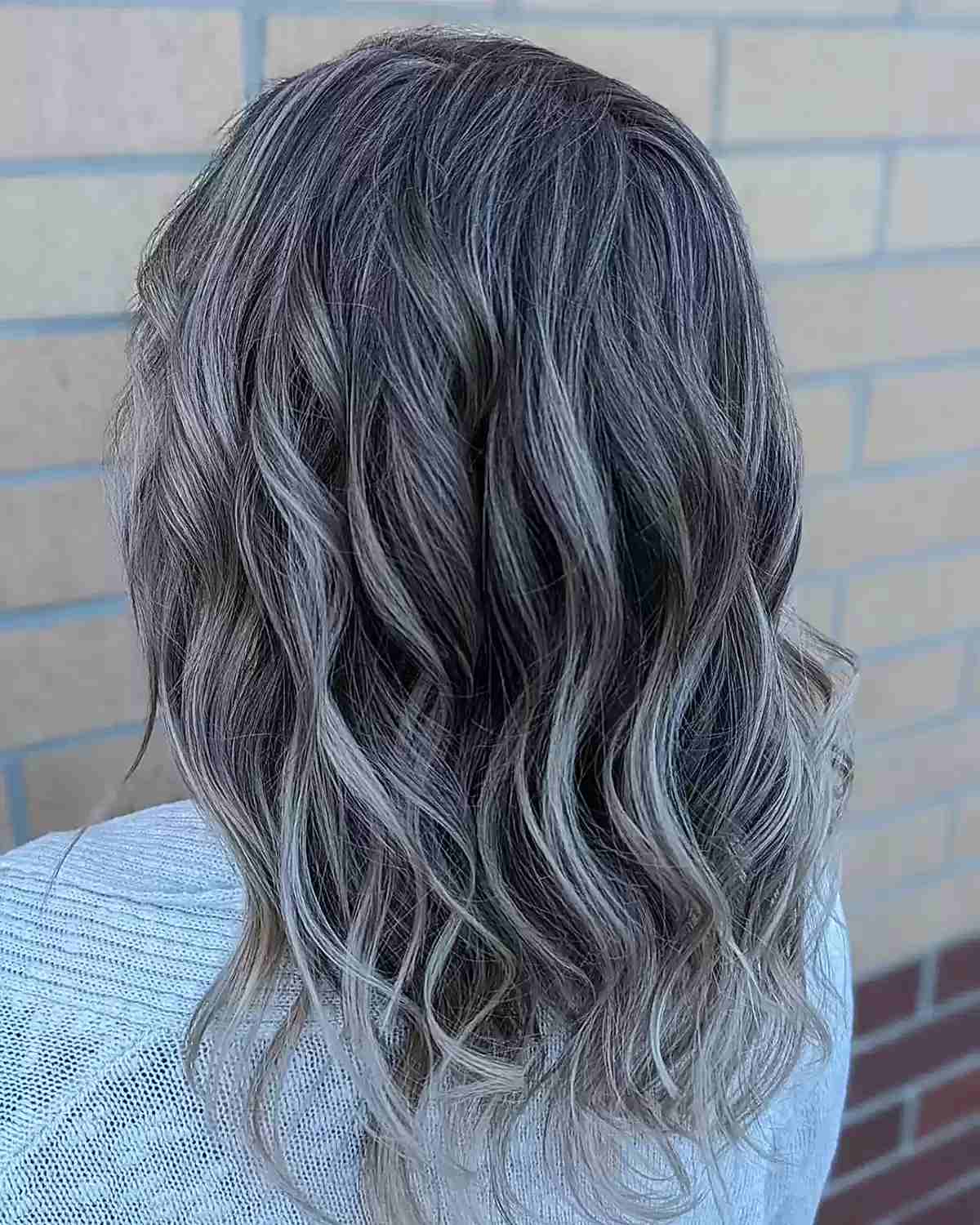 Long Layered Loose Curls — Gray Blending Highlights