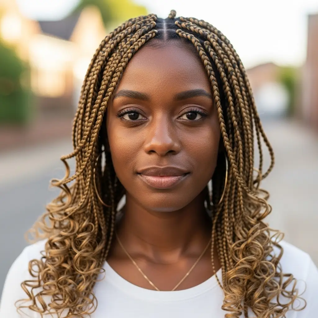 Light Brown Medium Length Braids With Curly Ends — Winter Knotless Braids
