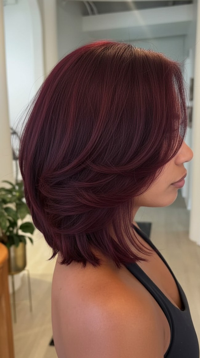 Collarbone Deep Plum Burgundy Lob — Plum Hair Color