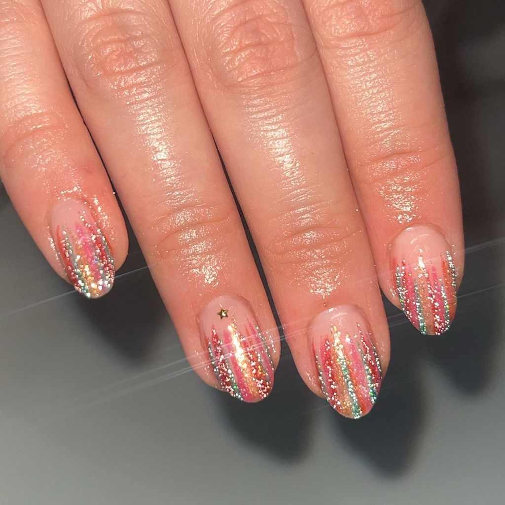 Glitter Stripe Star Charm Short Almond — Winter Nail Colors