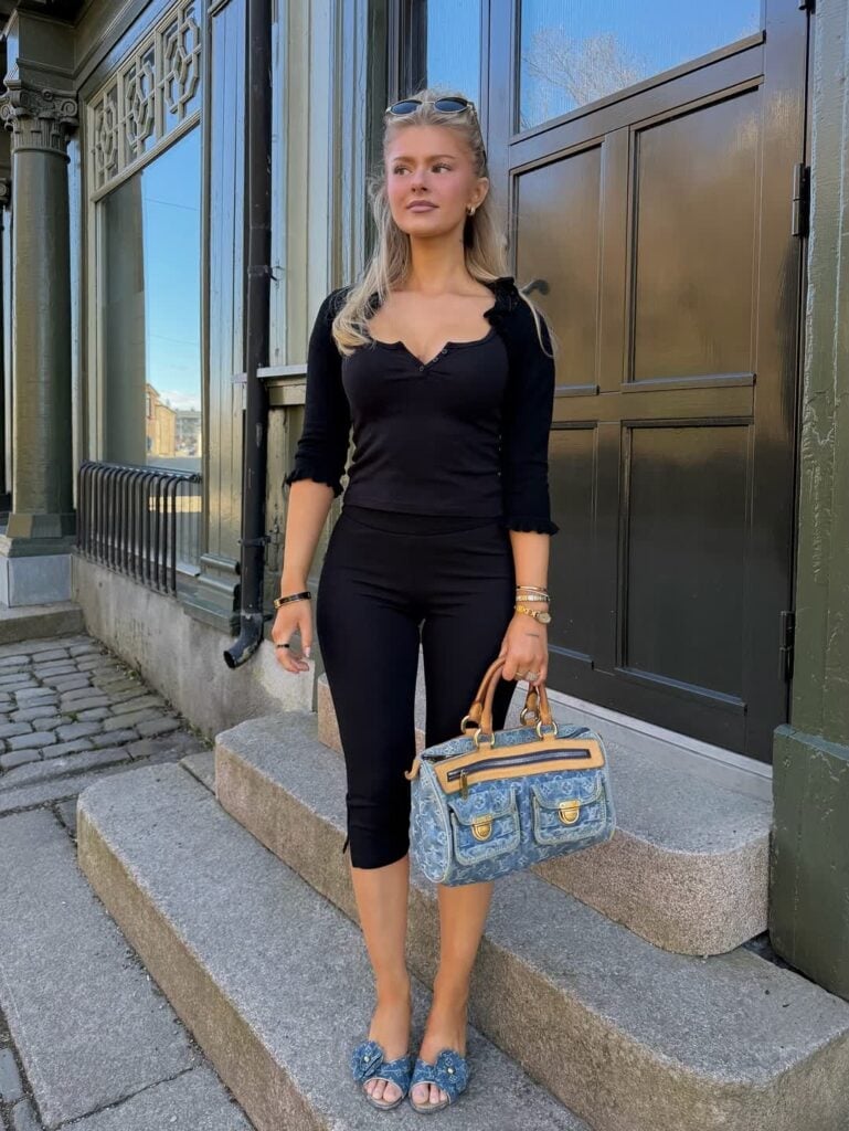 Casual Day Out with Ruffled Top and Denim Slides — Aesthetic Black Capri Pants Outfit