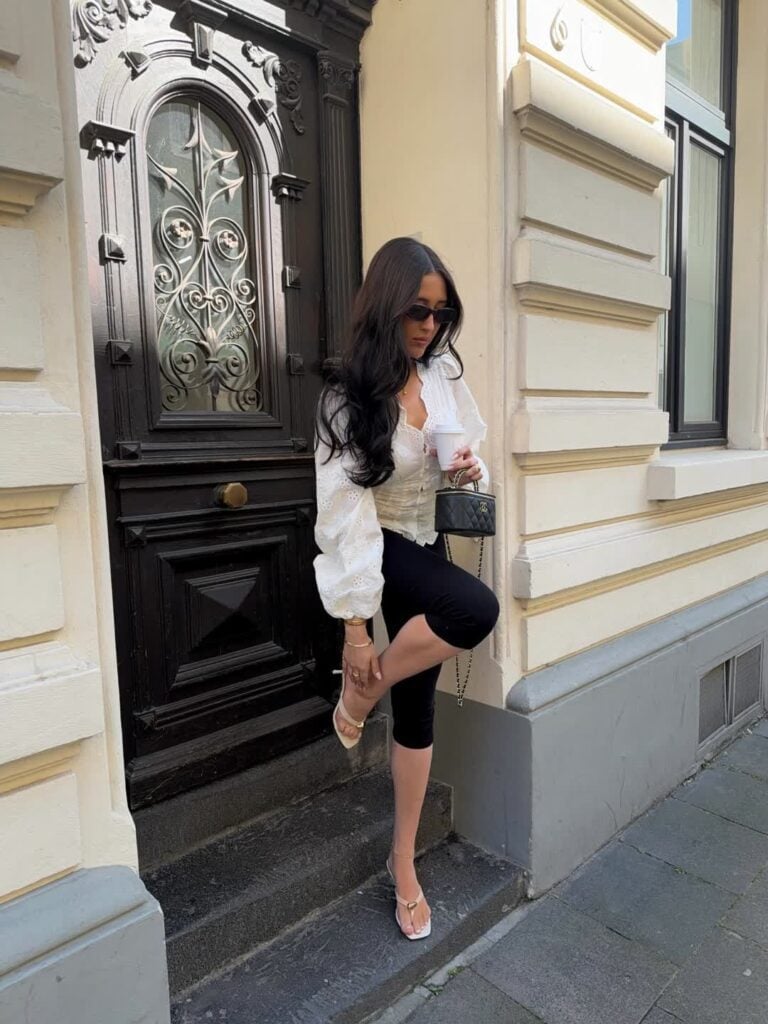 Casual Chic with Puff Sleeve Blouse, White Heeled Sandals — Aesthetic Black Capri Pants Outfit