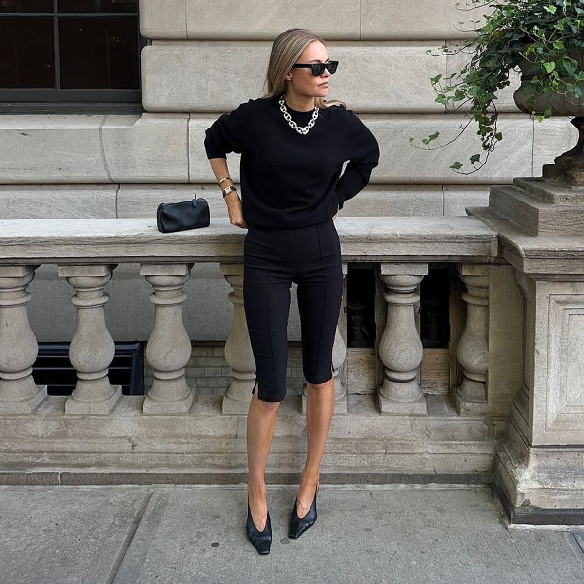 Chic Street Style with Crewneck Sweater and Chain, Close-Up Take — Aesthetic Black Capri Pants Outfit