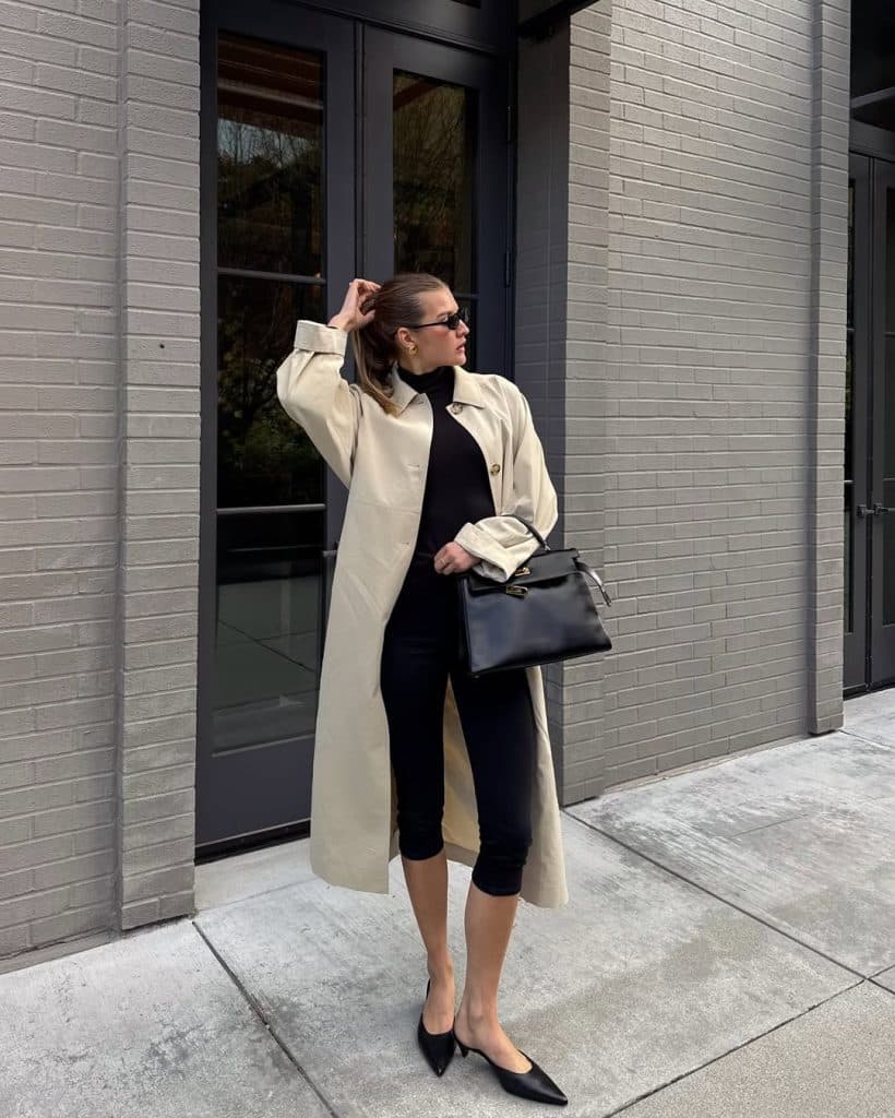 Chic City Outfit with Beige Trench Coat — Aesthetic Black Capri Pants Outfit