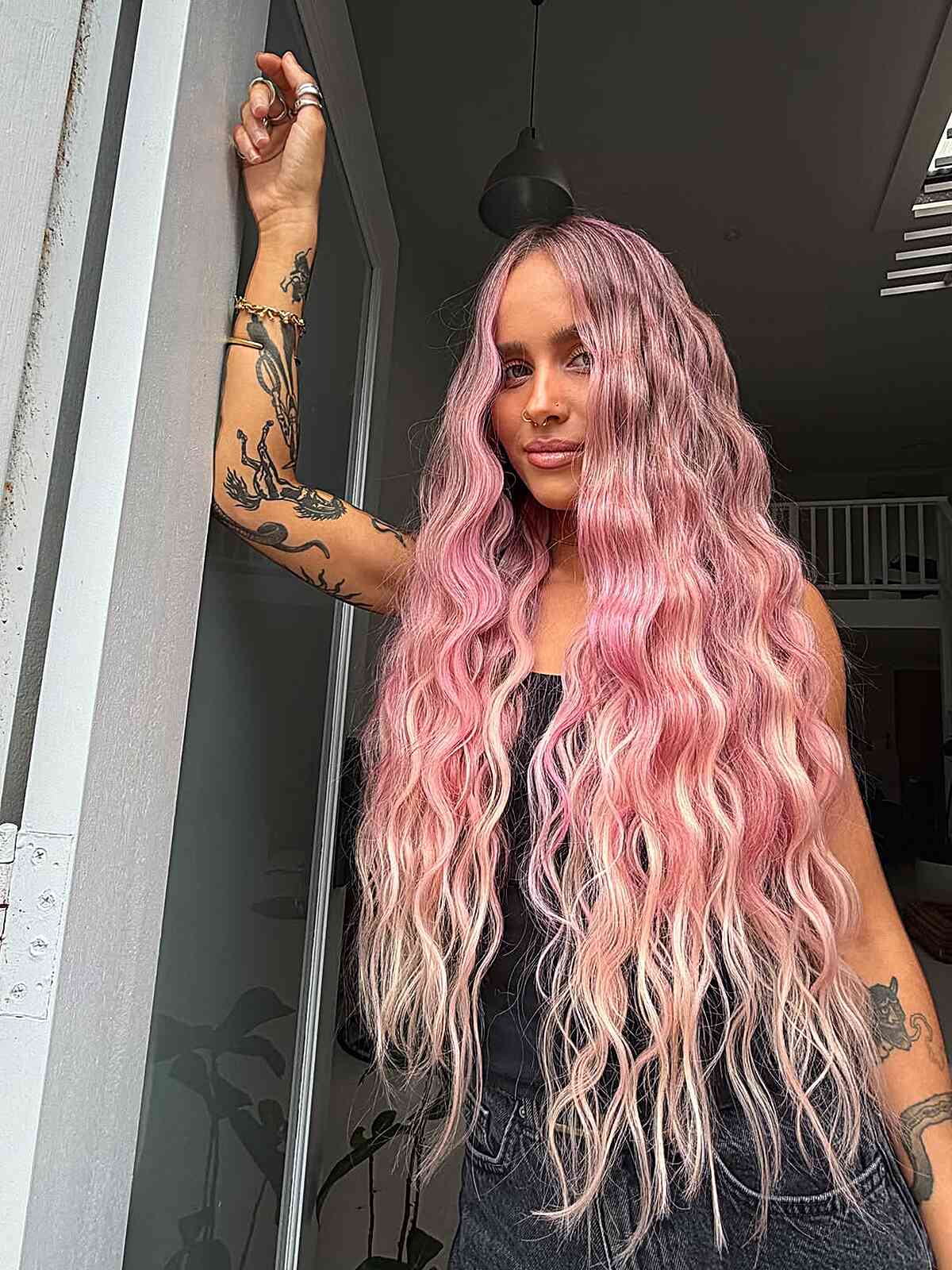 Mid-Back Long Layers With Pink And Blonde Roots — Aesthetic Dye Hair