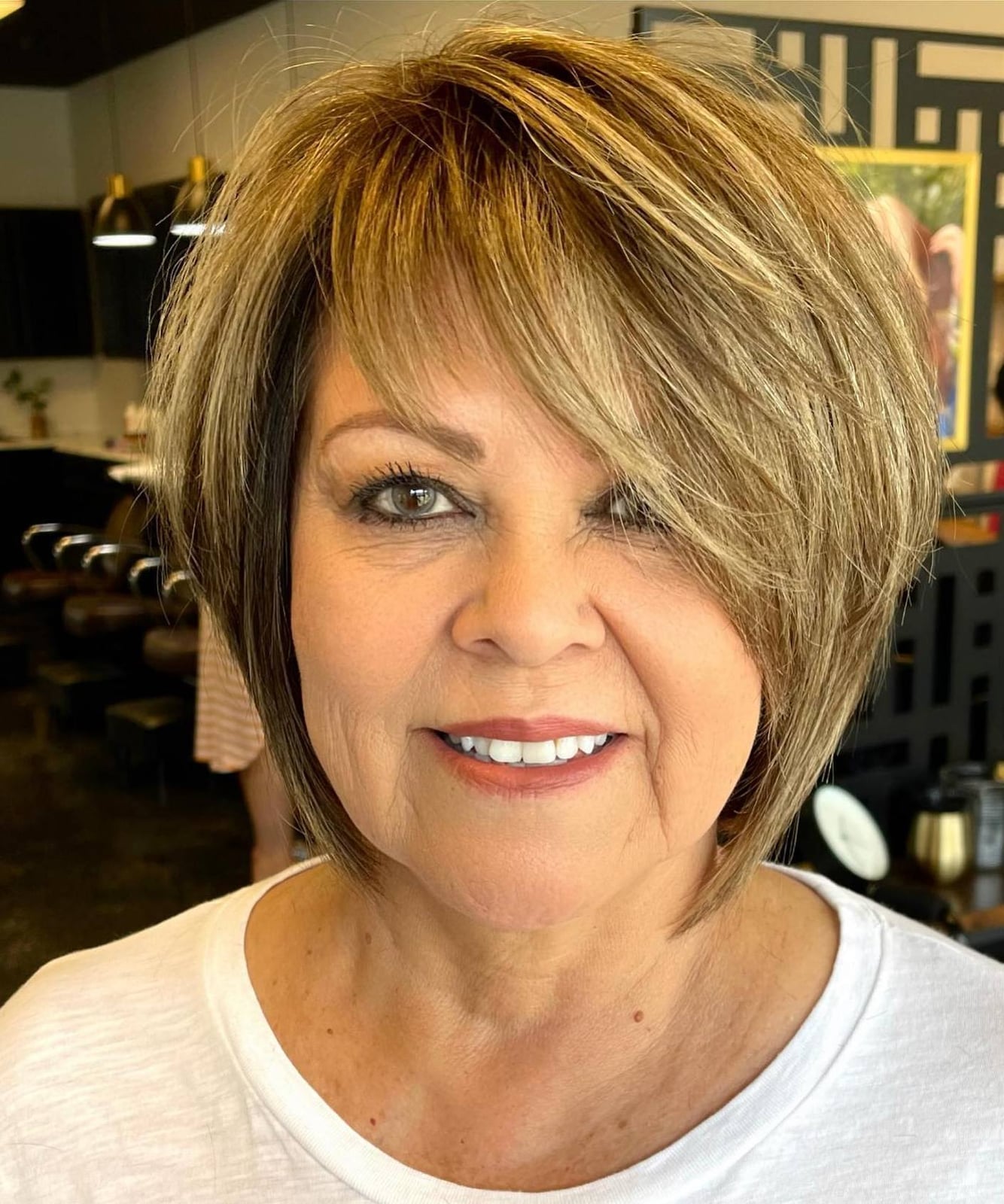 Honey Blonde Layered Bob With Side Swept Bangs Honey Blonde Layered Bob With Side Swept Bangs — Aesthetic Thin Hair