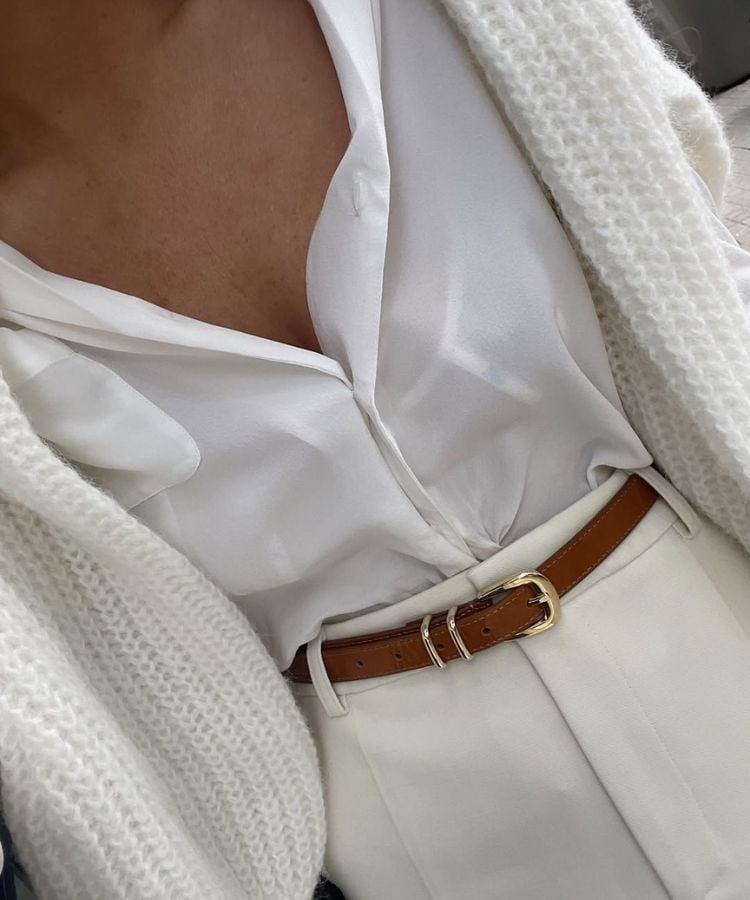 Silk White Blouse With Cream Cardigan Silk White Blouse With Cream Cardigan — Aesthetic White Blouse Outfit
