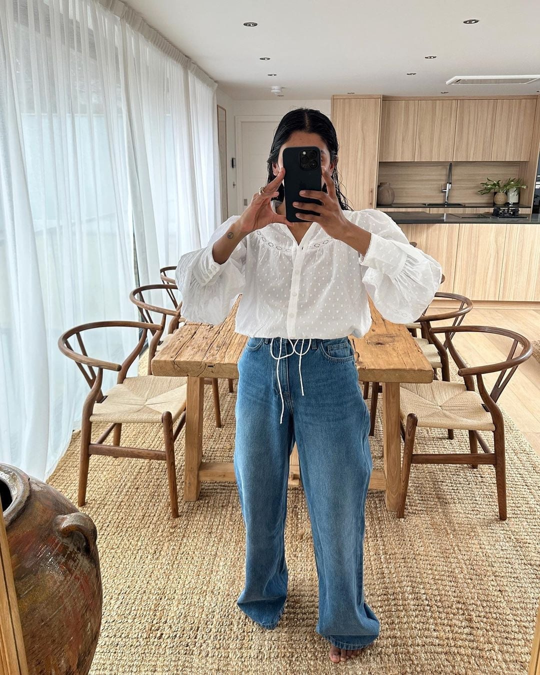 White Puff Sleeve Blouse With Dotted Texture White Puff Sleeve Blouse With Dotted Texture — Aesthetic White Blouse Outfit