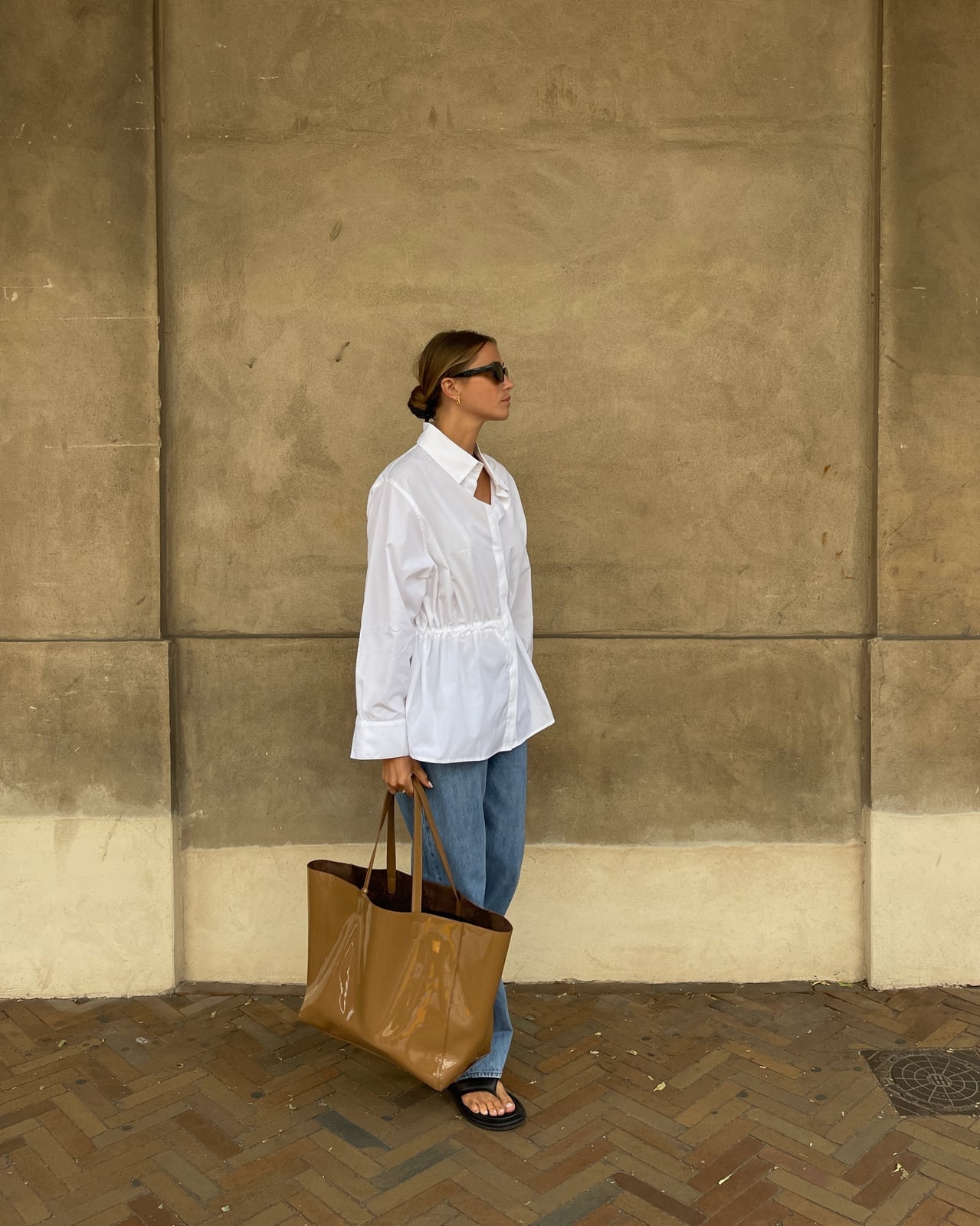 White Peplum Blouse With Cinched Waist White Peplum Blouse With Cinched Waist — Aesthetic White Blouse Outfit