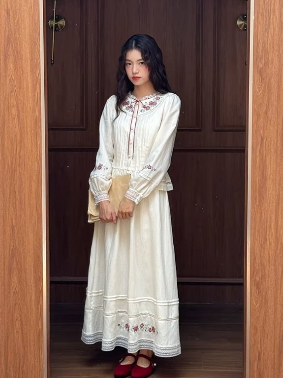 Embroidered White Dress With Ruffled Collar Embroidered White Dress With Ruffled Collar — Aesthetic White Blouse Outfit