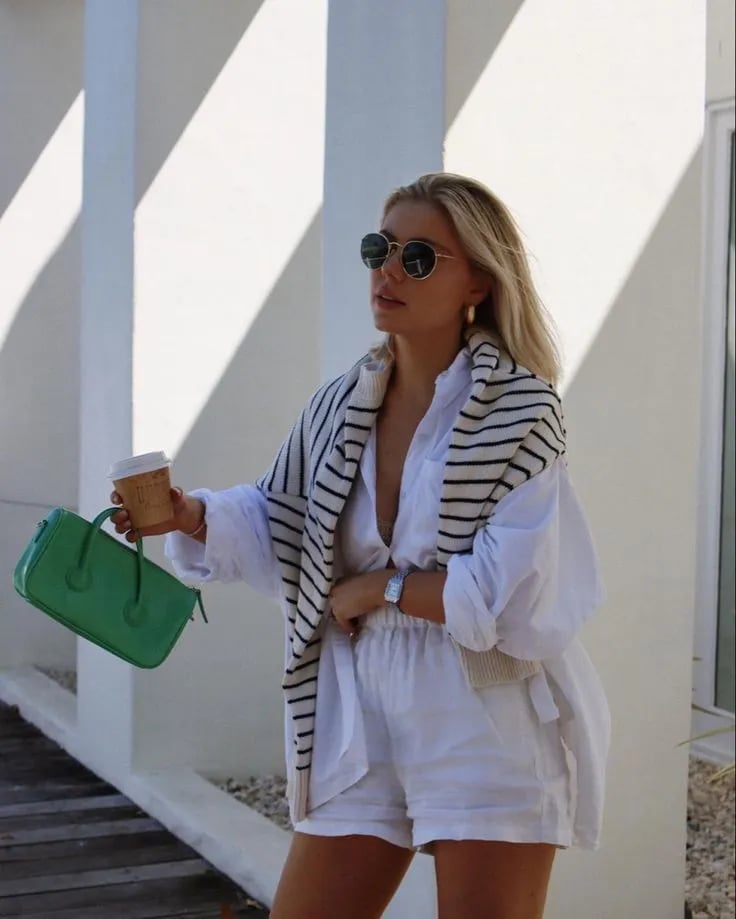 Oversized White Linen Shirt With Striped Sweater Oversized White Linen Shirt With Striped Sweater — Aesthetic White Blouse Outfit