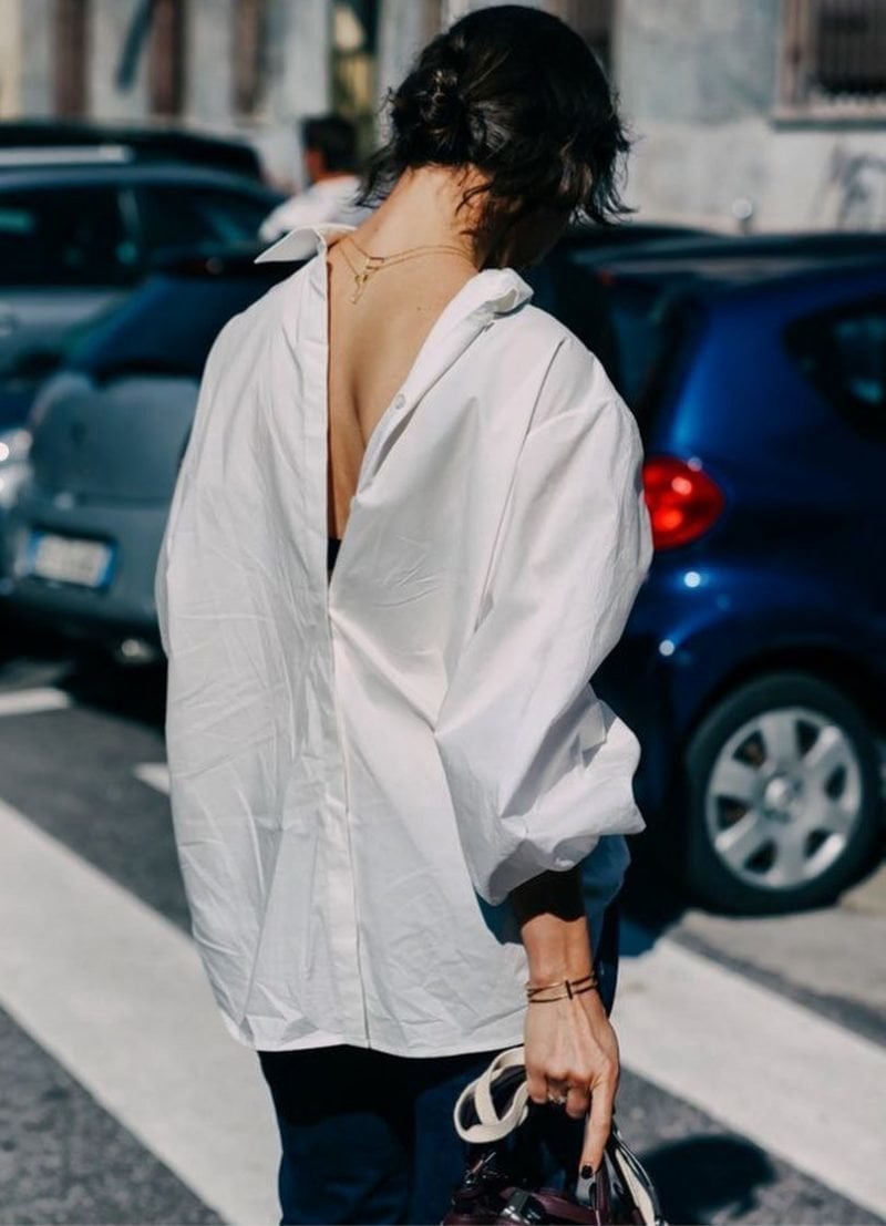 White Oversized Shirt With Unbuttoned Back White Oversized Shirt With Unbuttoned Back — Aesthetic White Blouse Outfit