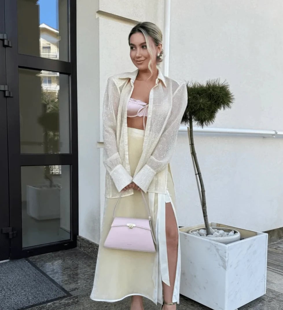 Sheer Ivory Blouse Over Pink Bralette Sheer Ivory Blouse Over Pink Bralette — Aesthetic White Blouse Outfit