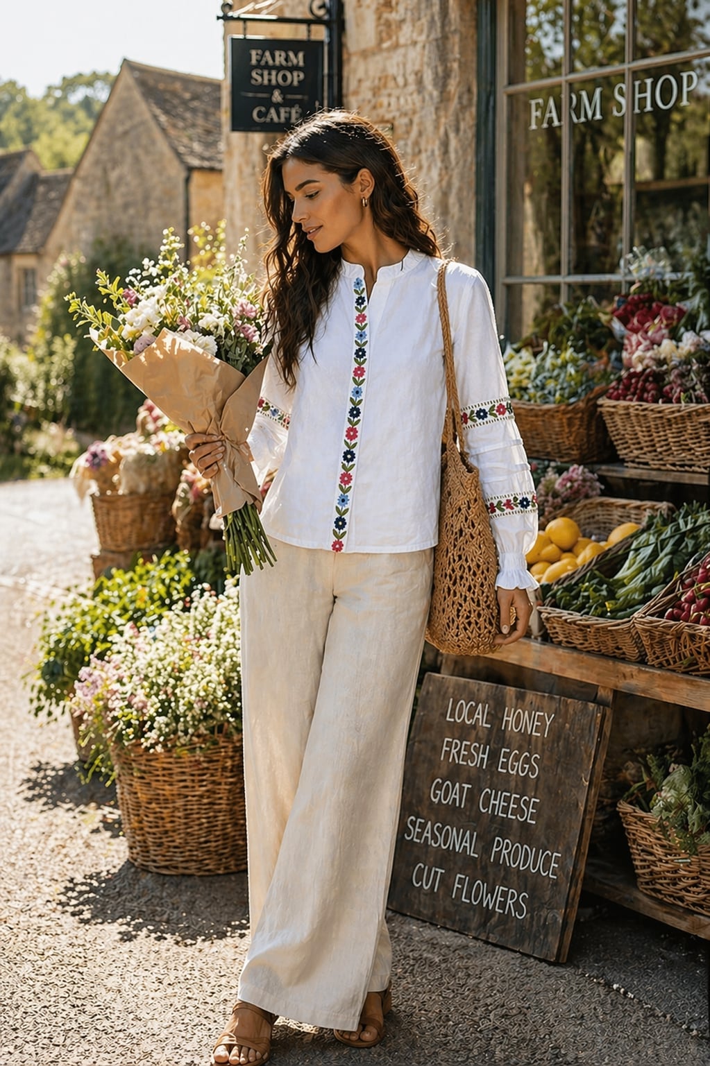 White Linen Blouse With Floral Embroidery White Linen Blouse With Floral Embroidery — Aesthetic White Blouse Outfit