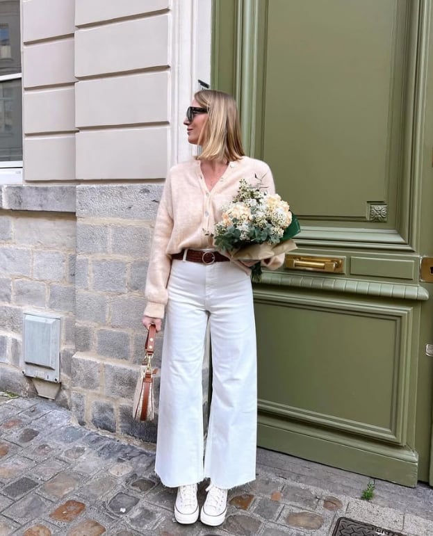 Beige Cardigan Over White Top With White Jeans Beige Cardigan Over White Top With White Jeans — Aesthetic White Blouse Outfit