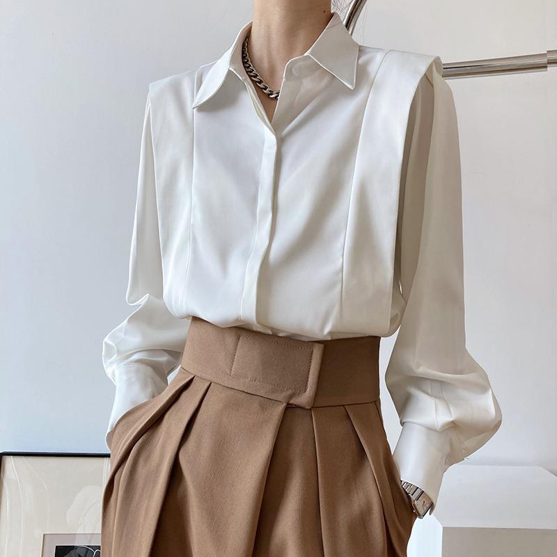 Satin Collared Blouse With Brown Trousers Satin Collared Blouse With Brown Trousers — Aesthetic White Blouse Outfit