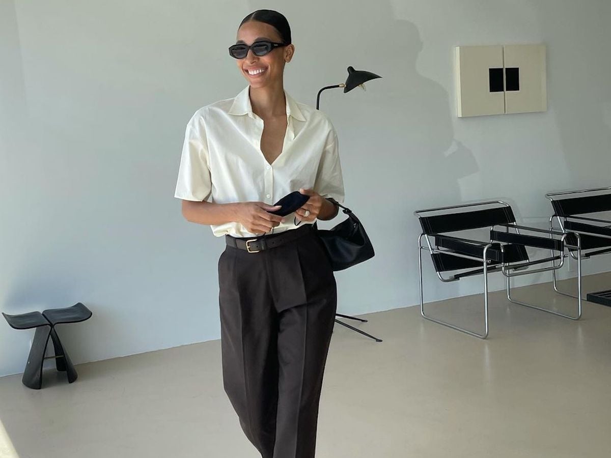 Oversized White Blouse With Dark Trousers Oversized White Blouse With Dark Trousers — Aesthetic White Blouse Outfit