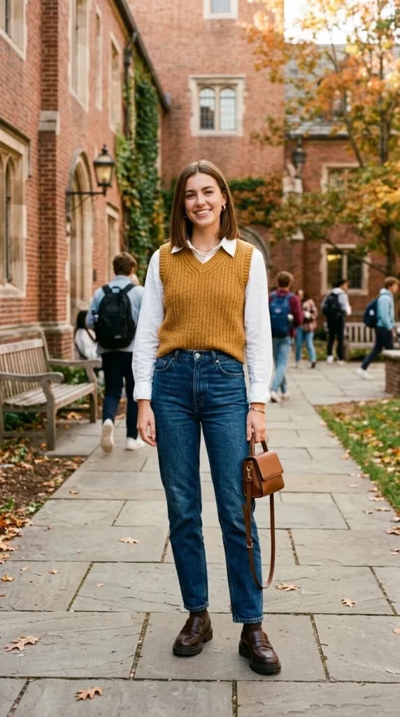 White Shirt With Mustard Sweater Vest White Shirt With Mustard Sweater Vest — Aesthetic White Blouse Outfit