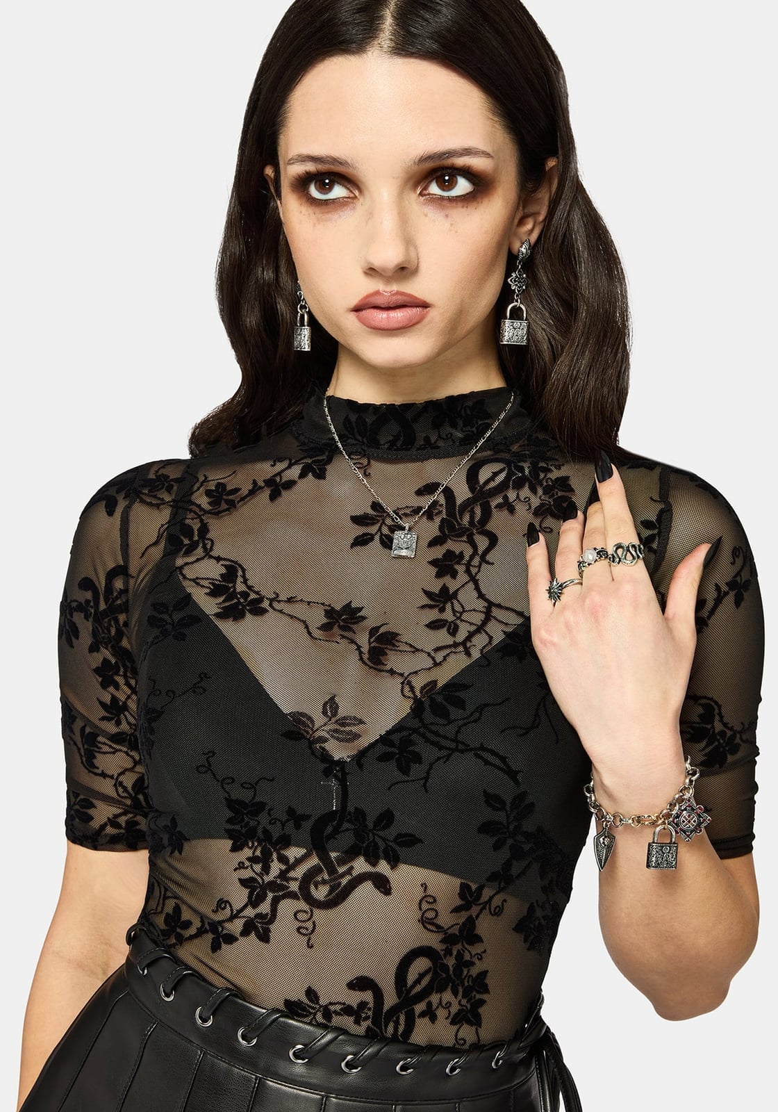 Sheer Floral Lace Top With Lock Motifs — Alt Style