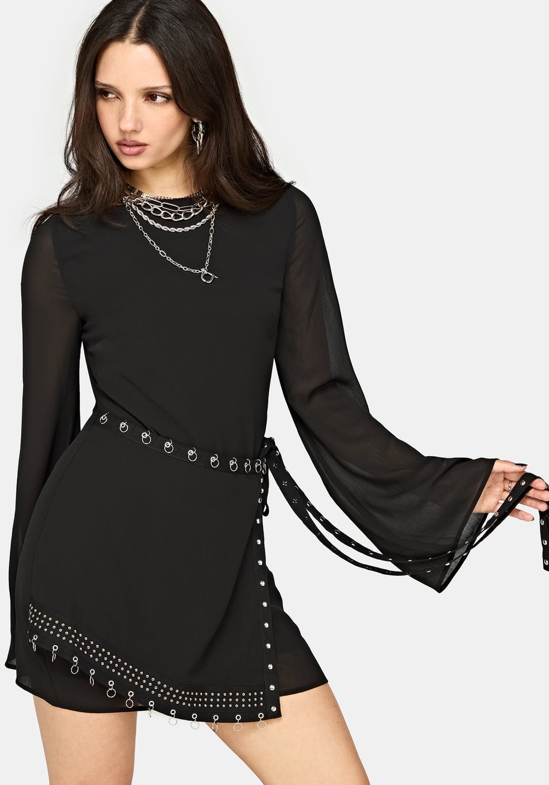 Sheer Sleeve Dress With Studded Wrap Skirt — Alt Style