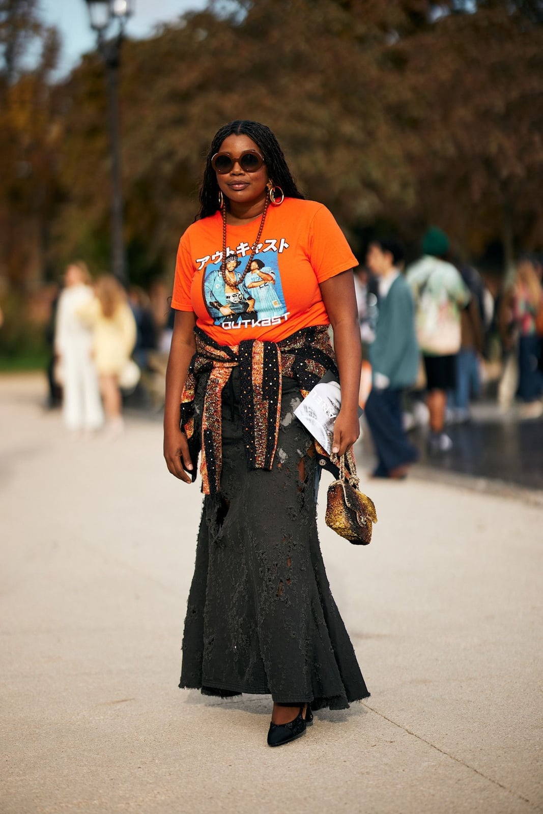 Graphic T-Shirt With Distressed Maxi Skirt, Black Pointed-Toe Heels — Alt Style