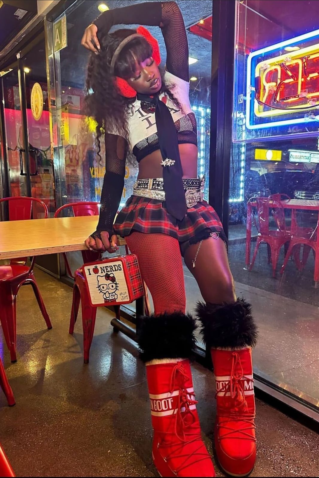Plaid Mini Skirt With Mesh Layering, Red Moon Boots — Alt Style
