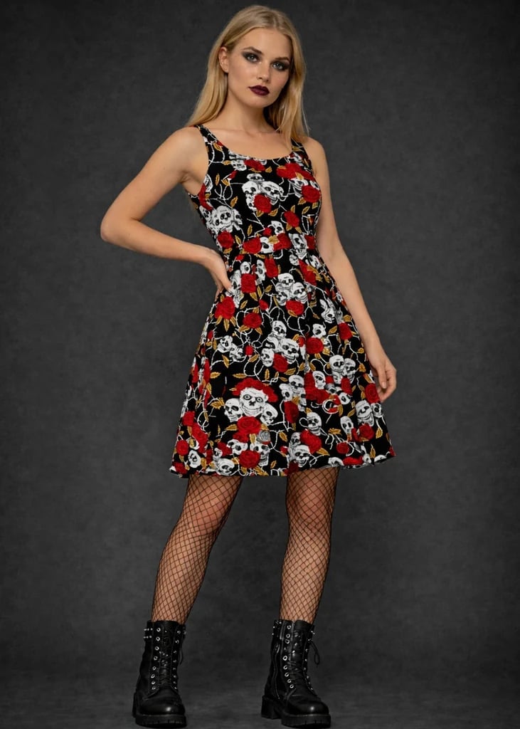 Skull Print Dress With Fishnet Tights, Black Combat Boots — Alt Style