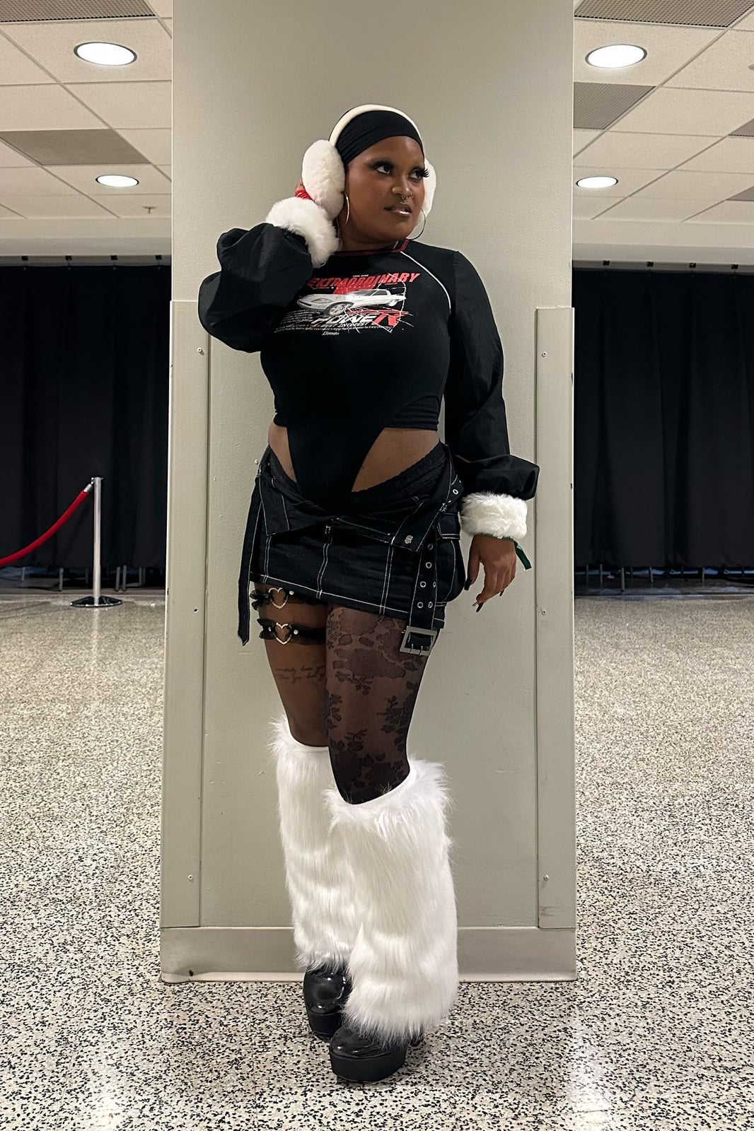 Denim Mini Skirt With Furry Leg Warmers, Black Platform Shoes — Alt Style