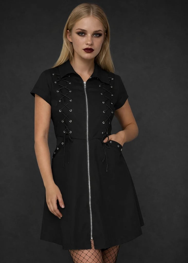 Lace-Up Shirt Dress With Fishnets, Embodying A Dark Academia Alt Style
