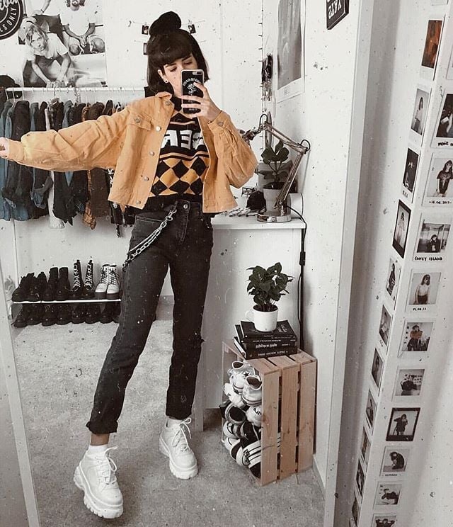 Yellow Denim Jacket With Graphic Sweater — Alt Style