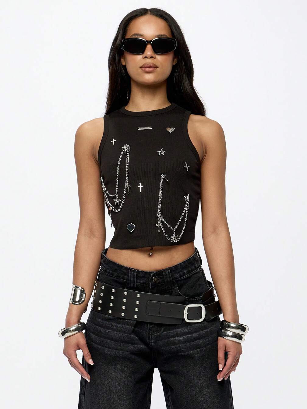 Edgy Chain Detail Crop Top With Denim — Alt Style