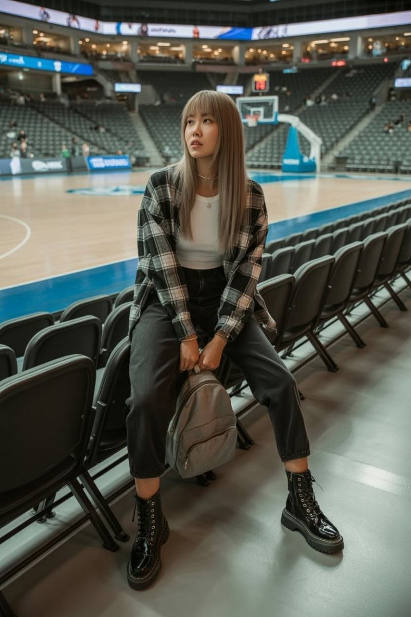 Oversized Plaid Shirt Layered Over White Tee and Jeans Oversized Plaid Shirt Layered Over White Tee and Jeans — Basketball Game Outfits
