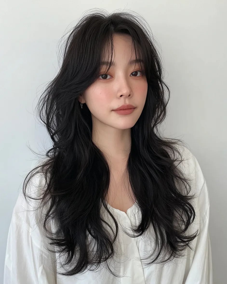 Mid-Back Dark Wavy Hair Face Framing Layers, Curtain Bangs Mid-Back Dark Wavy Hair Face Framing Layers, Curtain Bangs — Best Chic Hairstyles