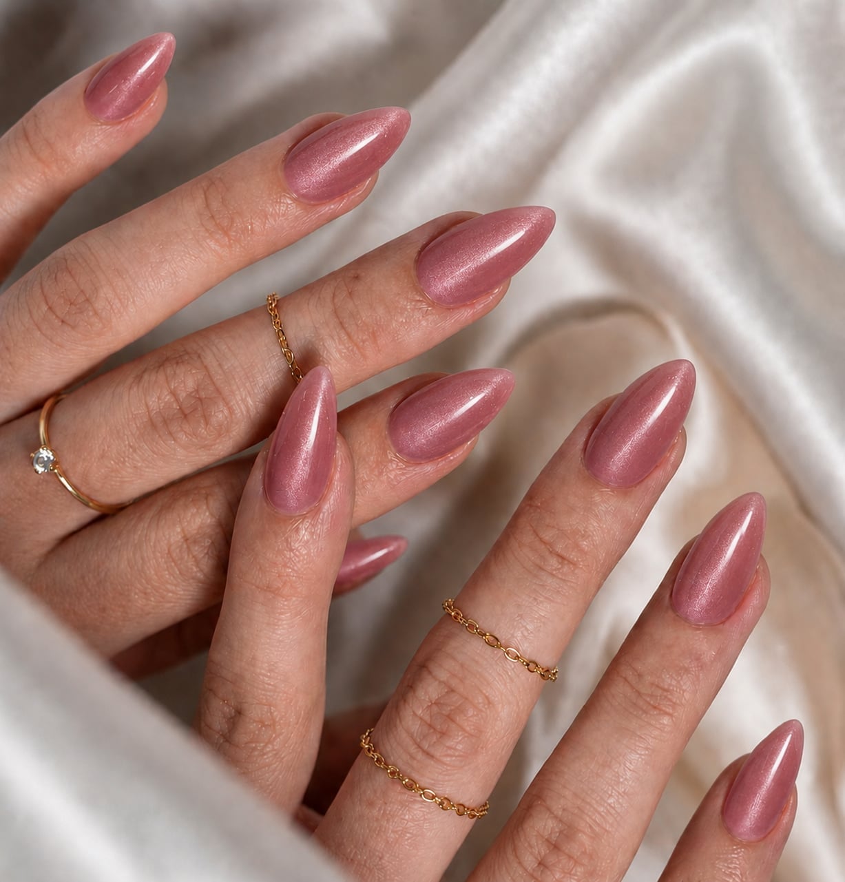 Shimmering Rose Gold Medium Almond Nails — Best Gel Nails
